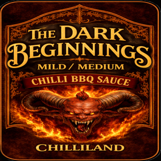 Dark Beginnings chilli BBQ sauce bottle by Chilliland smoky Medium hot sauce
